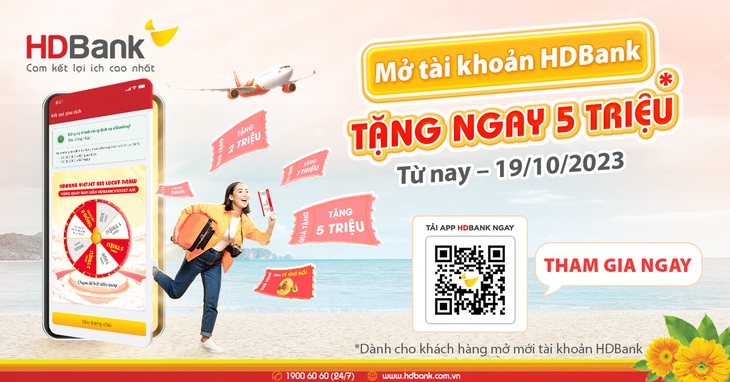 Chương trình “Scan vé bay - Quay ngay trúng lớn” của HDBank là cơ hội để người dùng nhận vé bay khứ hồi 0 đồng, hoàn tiền mặt 5 triệu ngay vào tài khoản thanh toán mới - Ảnh: HDB