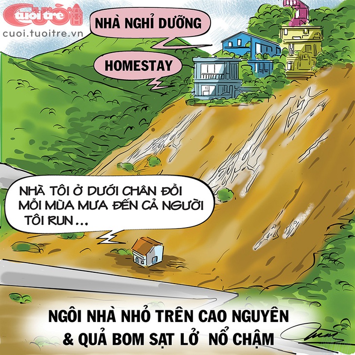 Nhà tôi ở dưới chân đồi, mỗi mùa mưa đến cả người tôi run... - Tranh: Đỗ Minh Tuấn 