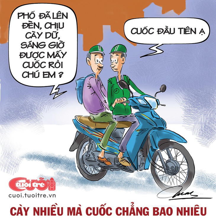 Xe ôm công nghệ: Cày nhiều cuốc chẳng bao nhiêu - Tranh: Đỗ Minh Tuấn