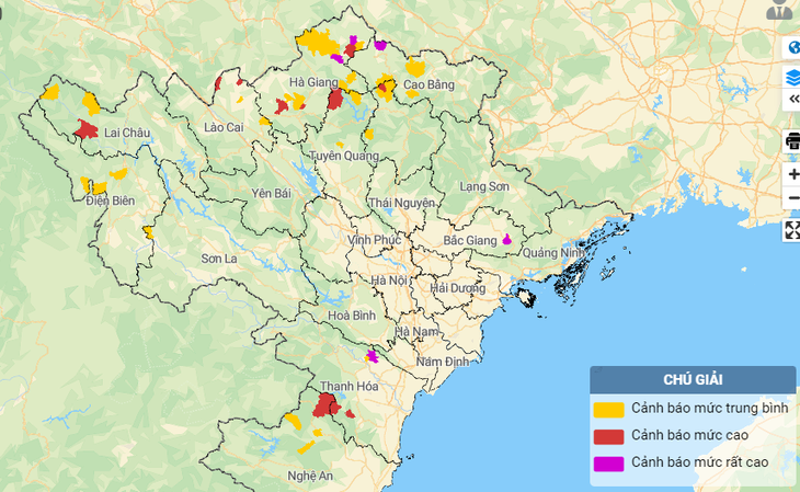 Bản đồ cảnh báo sạt lở, lũ quét ở các tỉnh miền Bắc lúc 19h hôm nay 23-8 - Ảnh: Tổng cục Khí tượng thủy văn