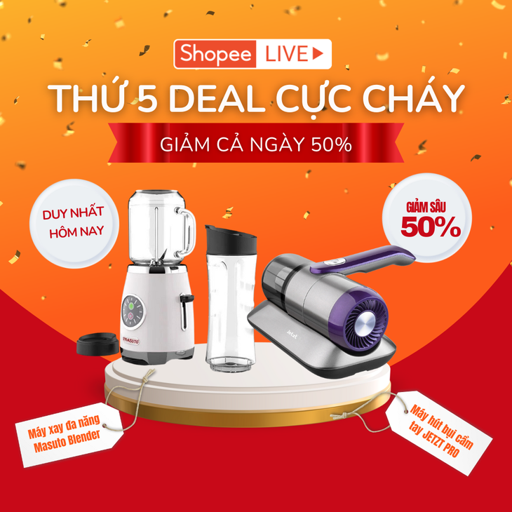 Canh ngay hai khung giờ 9H15 và 9H30 trên livestream “Thứ 5 deal cực cháy” hôm nay để lần lượt gom về sản phẩm nồi chiên không dầu và máy hút bụi giường nệm giảm 50%