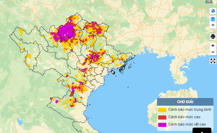 Bản đồ cảnh báo sạt lở đất, lũ quét tại các tỉnh Bắc Bộ - Ảnh: Tổng cục Khí tượng thủy văn