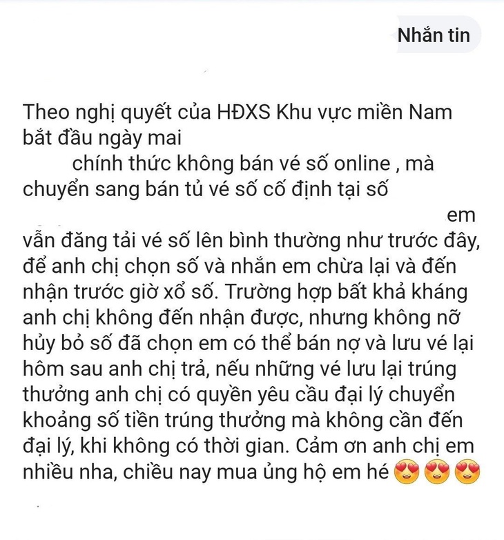 Bán vé số trên mạng xã hội nhưng kèm theo lời nhắn để &quot;lách&quot; quy định cấm bán vé số online - Ảnh: H.G.