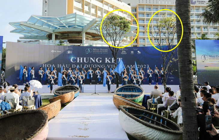 Những hình ảnh hề hước chỉ có ở Hoa hậu Đại dương Việt Nam 2023 - Ảnh 5. Trang trí sân khấu với đạo cụ thuyền thúng, cây xanh bị chỉ trích vì kết hợp thiếu tinh tế. Hình ảnh cây xanh biểu thị cho ngọn sóng biển bị nhận xét "èo uột", thiếu sức sống