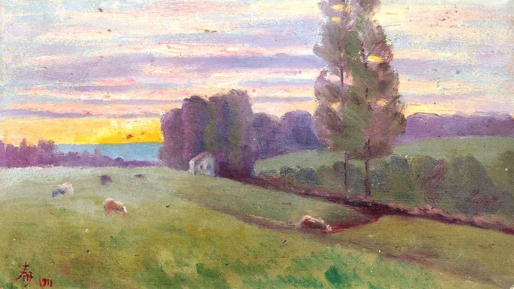 Bức tranh &quot;Mặt trời lặn tại thôn quê&quot; (Soleil couchant sur la campagne) với kích thước là 24,5x19cm do vua Hàm Nghi vẽ năm 1911 sắp được đấu giá tại Pháp - Ảnh: N.VỤ