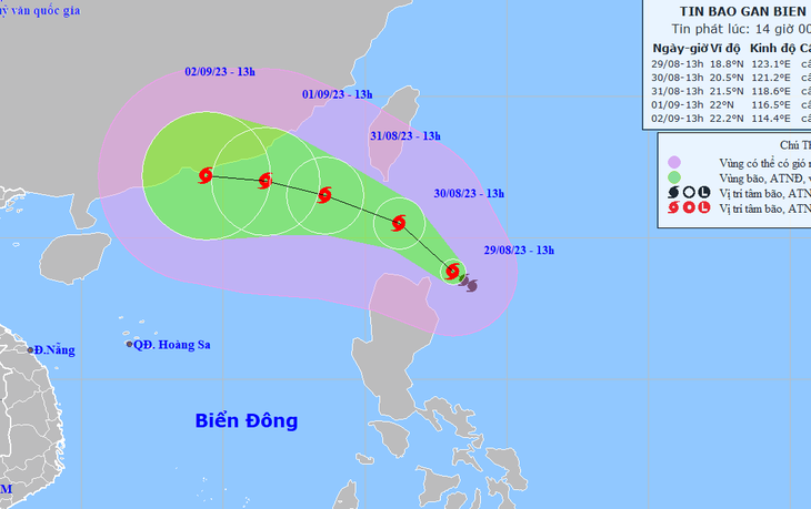 Vị trí và hướng di chuyển bão Saola lúc 13h chiều 29-8 - Ảnh: NCHMF