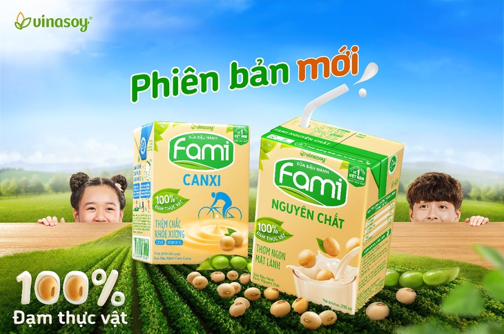 Hình ảnh chiếc lá xanh tươi cùng biểu tượng &quot;100% đạm thực vật&quot;, như lời cam kết của Fami cung cấp nguồn dinh dưỡng vàng từ thực vật cho mọi nhà.