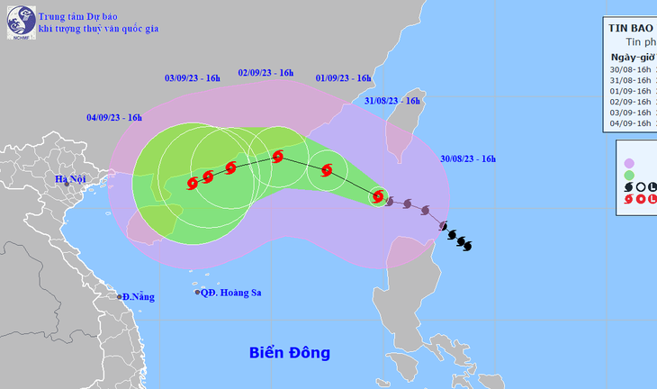 Vị trí và hướng di chuyển bão số 3 lúc 16h chiều 30-8 - Ảnh: NCHMF