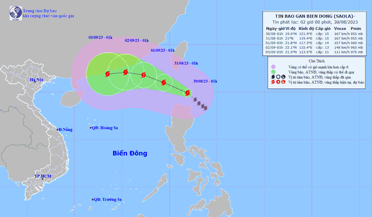 Dự báo đường đi và vị trí của bão Saola - Nguồn: Trung tâm Dự báo khí tượng thủy văn quốc gia