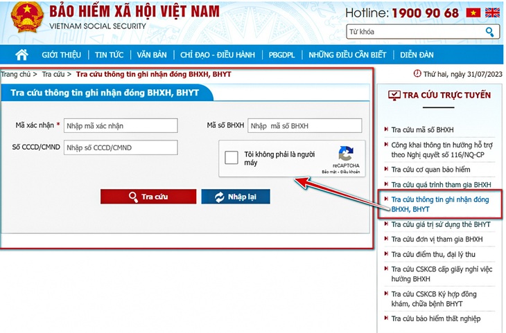 Giao diện tra cứu thông tin đóng bảo hiểm xã hội, bảo hiểm y tế - Ảnh chụp màn hình