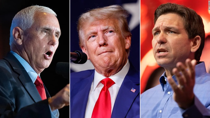 Cựu tổng thống Donald Trump (giữa), thống đốc bang Florida Ron DeSantis (phải) và cựu phó tổng thống Mike Pence (trái) đều đạt điều kiện tham gia cuộc tranh luận sẽ tổ chức ngày 23-8 - Ảnh: CNN