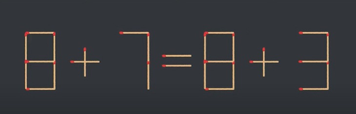 Thử tài IQ: Di chuyển một que diêm để 8+7=8+3 thành phép tính đúng - Ảnh 1. Thử tài IQ: Di chuyển một que diêm để 8+7=8+3 thành phép tính đúng - Ảnh 1.