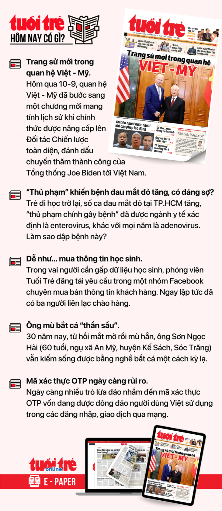 Tin tức đáng chú ý trên Tuổi Trẻ nhật báo ngày 11-9. Để đọc Tuổi Trẻ báo in phiên bản E-paper, mời bạn đăng ký Tuổi Trẻ Sao TẠI ĐÂY