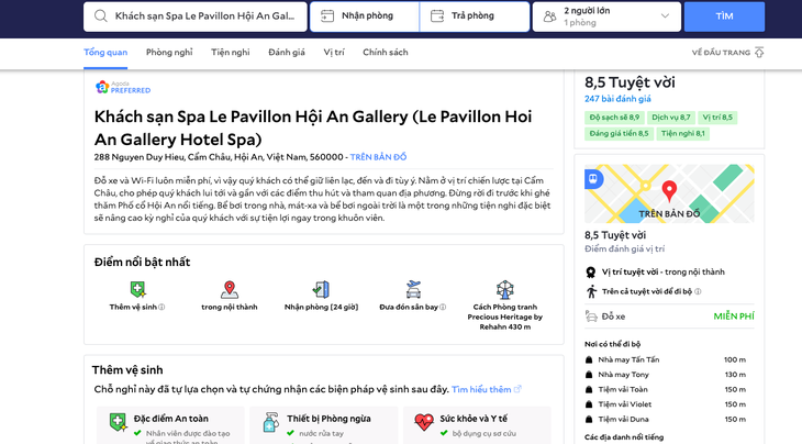 Hàng loạt khách sạn 5 sao ở Hội An bỗng dưng 'biến mất' - Ảnh 1. Khách sạn Le Pavillon Hội An Gallery ở 288 Nguyễn Duy Hiệu, TP Hội An đã bỏ thứ hạng 5 sao tự phong ở phần hiển thị trên Agoda - Ảnh: B.D.