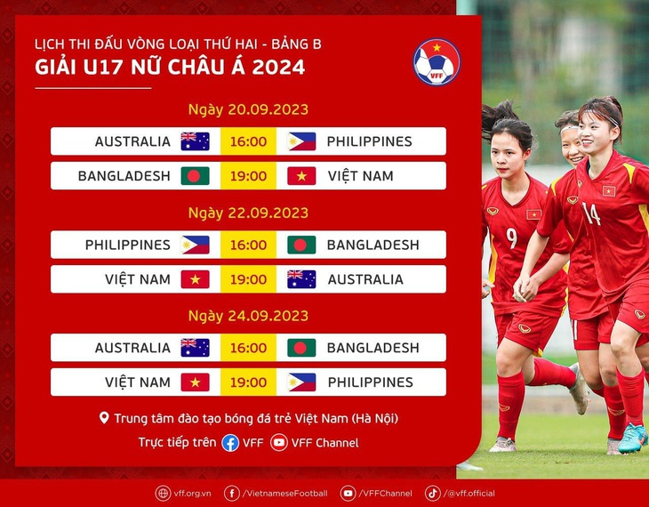 Lịch thi đấu U17 nữ Việt Nam tại vòng loại 2 Giải U17 nữ châu Á 2024 - Ảnh: VFF