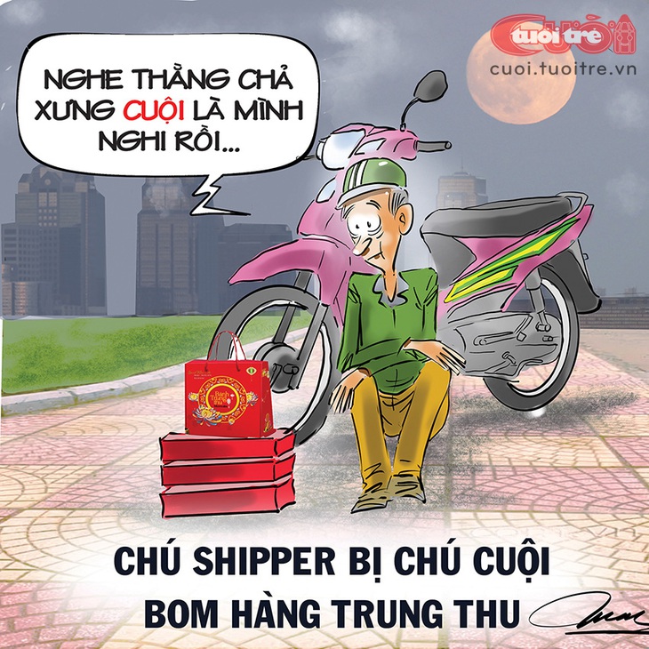 Ai bom hàng bánh trung thu của chàng shipper? - Tranh: Đỗ Minh Tuấn 