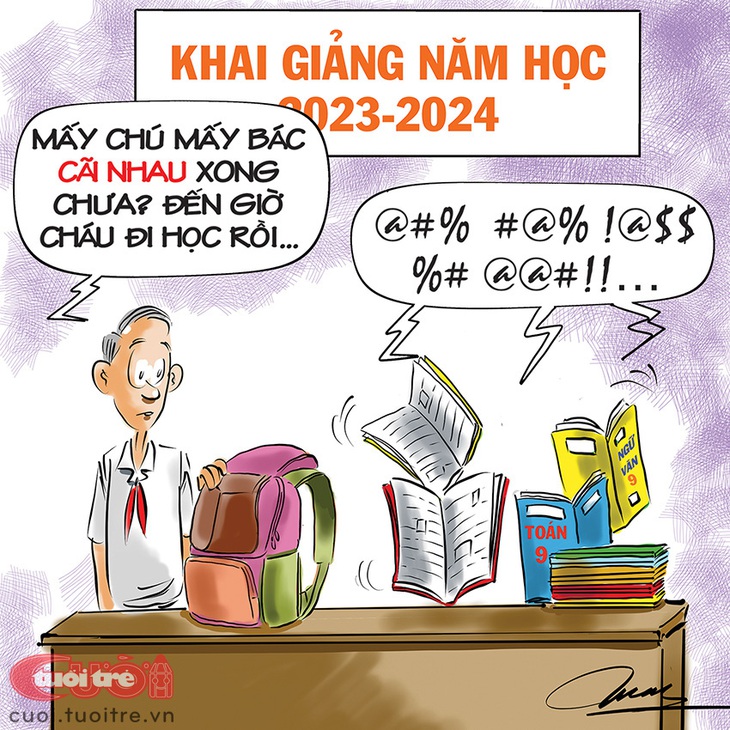 Sách giáo khoa &quot;cãi nhau&quot; trước thềm khai giảng năm học mới - Tranh biếm họa của Đỗ Minh Tuấn