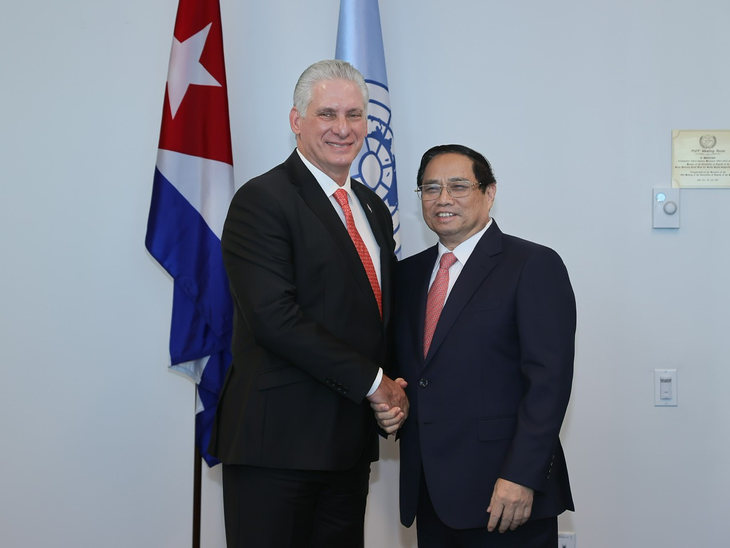 Thủ tướng Phạm Minh Chính hội kiến Bí thư thứ nhất, Chủ tịch Cuba Miguel Díaz-Canel - Ảnh: NHẬT BẮC