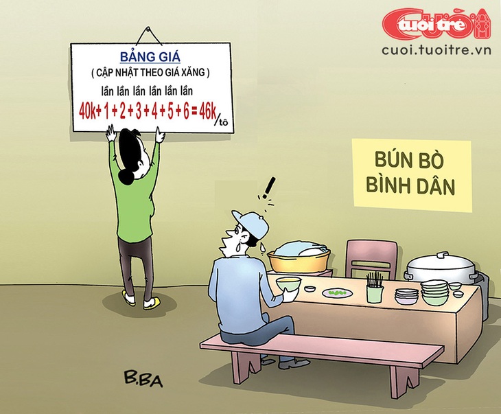 Quan hệ hữu cơ giữa bún bò và... xăng - Tranh: B.Ba