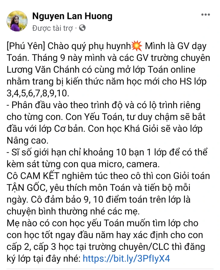 Hiệu trưởng Trường THPT chuyên Lương Văn Chánh (Phú Yên) khẳng định thông tin đăng trên tài khoản Facebook &quot;Nguyen Lan Huong&quot; là không đúng sự thật - Ảnh chụp màn hình