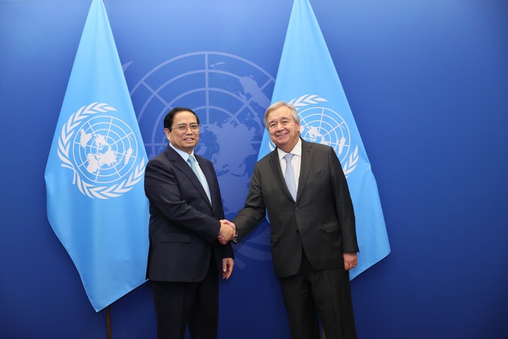 Thủ tướng Phạm Minh Chính gặp Tổng thư ký Liên Hiệp Quốc Antonio Guterres - Ảnh: DƯƠNG GIANG