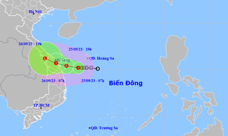 Vị trí và hướng di chuyển của áp thấp nhiệt đới lúc 7h sáng 25-9 - Ảnh: NCHMF