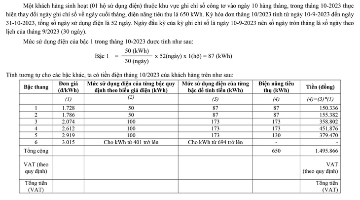 Một ví dụ về cách tính tiền điện của một khách hàng sử dụng điện sau khi thay đổi lộ trình điều chỉnh ngày ghi chữ số công tơ về cuối tháng 