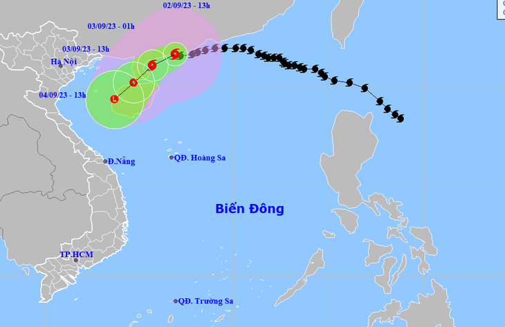 Ví trí và hướng di chuyển bão số 3 lúc 13h chiều 2-9 - Ảnh: NCHMF