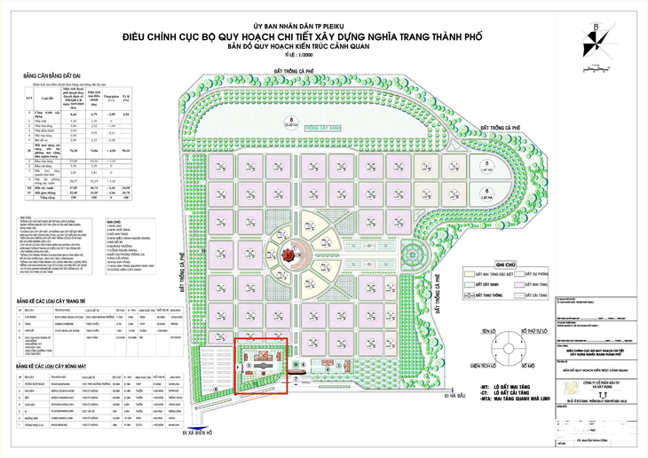Bản đồ quy hoạch kiến trúc cảnh quan nghĩa trang thành phố Plieku. Trong đó vùng màu đỏ là khu vực dự kiến xây dựng nhà hỏa táng - Ảnh: ANH THƯ chụp lại
