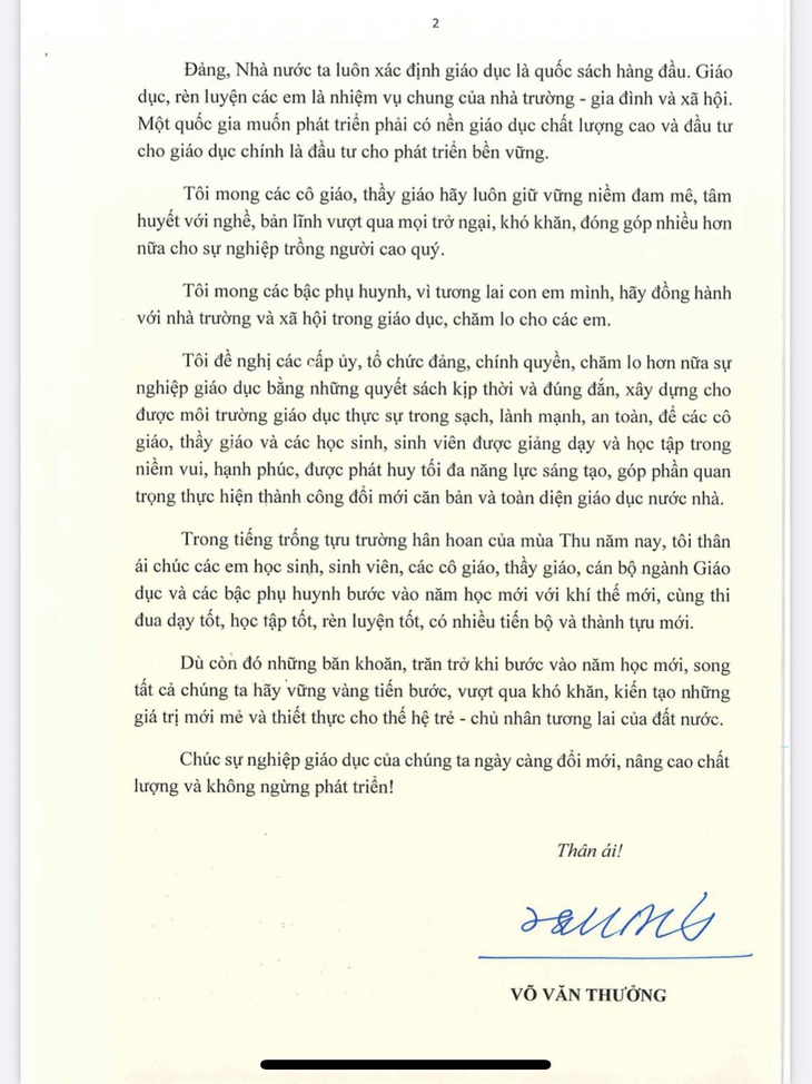 Nguyên văn thư gửi ngành giáo dục nhân dịp khai giảng năm học mới của Chủ tịch nước Võ Văn Thưởng