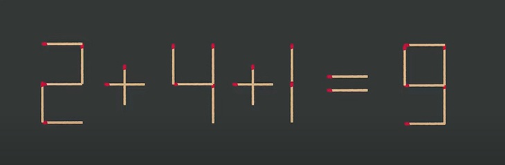 Thử tài IQ: Di chuyển một que diêm để 2+4+1=9 thành phép tính đúng - Ảnh 1. Thử tài IQ: Di chuyển một que diêm để 2+4+1=9 thành phép tính đúng - Ảnh 1.