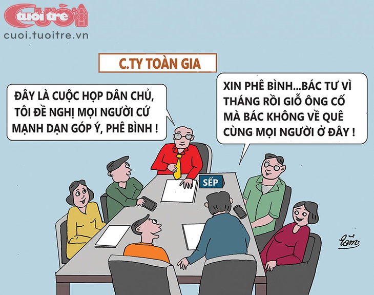 Sếp bị phê bình thẳng mặt giữa công ty... toàn gia - Tranh: Bùi Thanh Tâm 