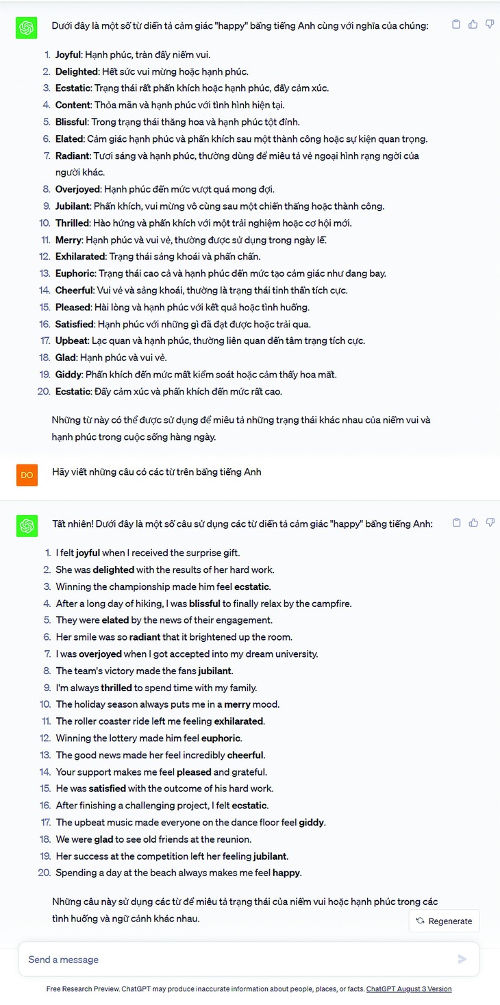 Nhờ ChatGPT cung cấp từ đồng nghĩa và sử dụng chúng trong các câu cụ thể.