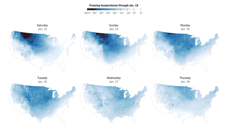 Dự báo nhiệt độ tại Mỹ từ ngày 13 đến 18-1 - Ảnh: NEW YORK TIMES