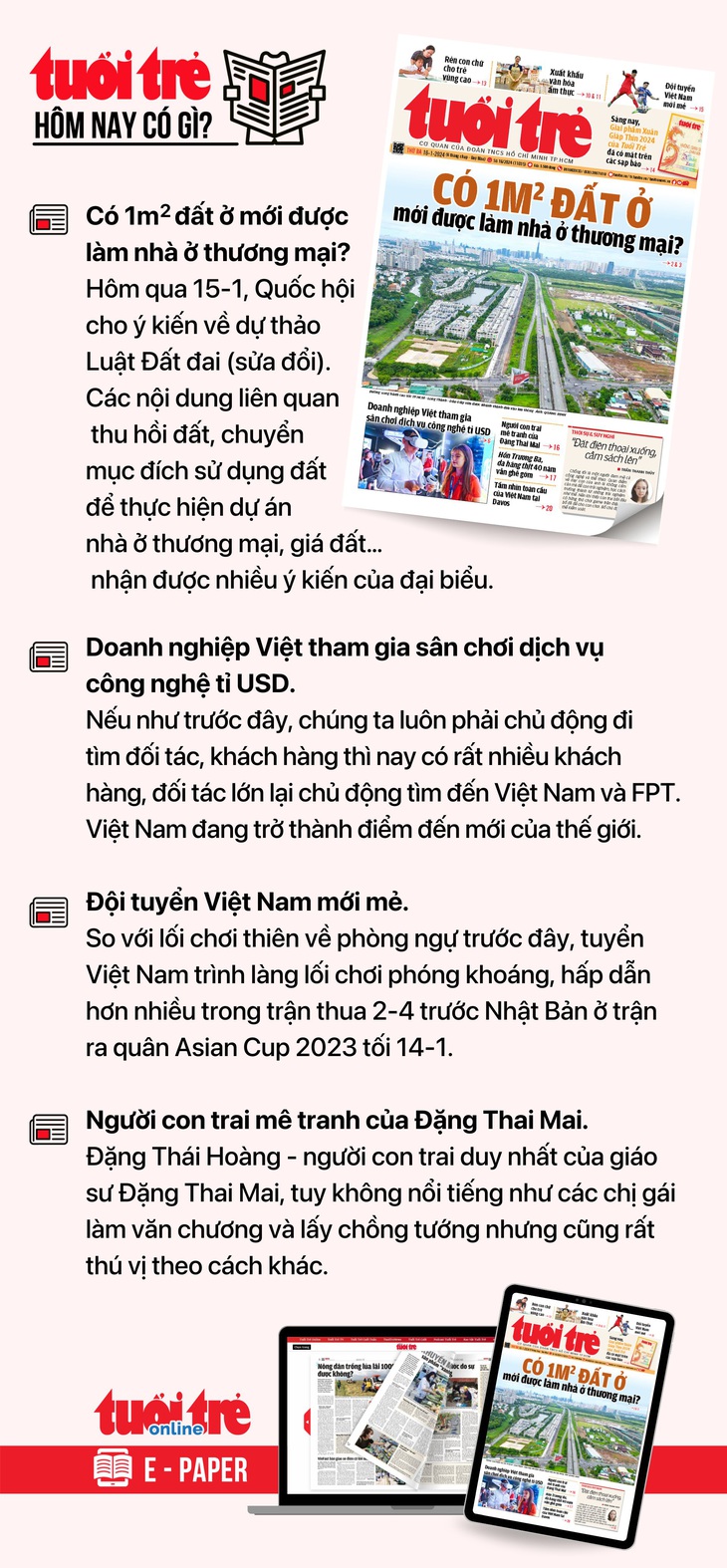 Tin tức chính trên Tuổi Trẻ nhật báo hôm nay 16-1. Để đọc Tuổi Trẻ báo in phiên bản E-paper, mời bạn đăng ký Tuổi Trẻ Sao TẠI ĐÂY