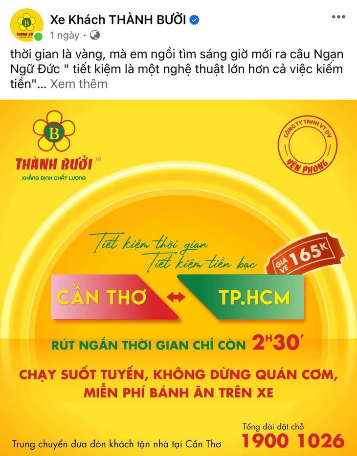 Các thông tin về tuyến xe TP.HCM - Cần Thơ đăng tải trên mạng xã hội Facebook - Ảnh: Page Xe khách Thành Bưởi