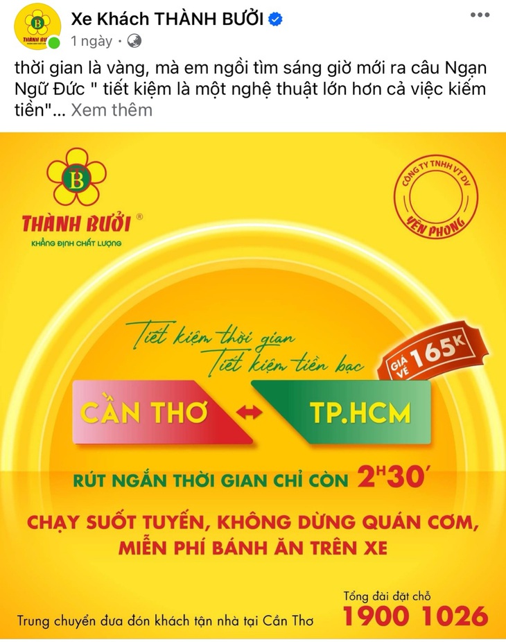 Các thông tin về tuyến xe TP.HCM - Cần Thơ đăng tải trên mạng xã hội Facebook - Ảnh: Page Xe khách Thành Bưởi