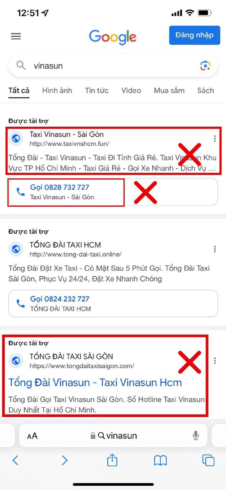 Taxi Vinasun bị giả mạo, cảnh báo khách hàng tránh nhầm lẫn với số điện thoại hiển thị trên Google - Ảnh: Vinasun