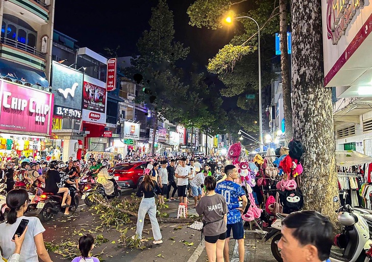 Hiện trường vụ nhánh cây rơi trúng đầu người bán hàng ở vỉa hè đường Nguyễn Trãi (quận 5, TP.HCM) tối 18-1 - Ảnh: Page Tôi là dân quận 5