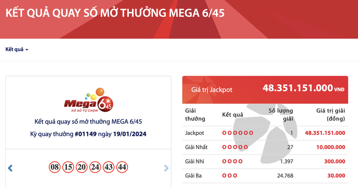 Người chơi mua vé số Vietlott ở loại hình Mega 6/45 trúng giải độc đắc Jackpot hơn 48 tỉ đồng - Ảnh chụp màn hình: HÀ QUÂN