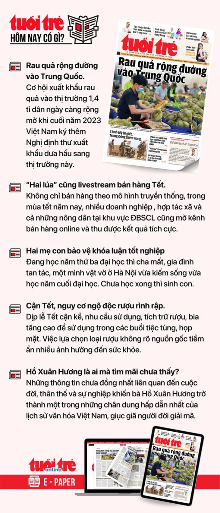 Tin tức đáng chú ý trên Tuổi Trẻ nhật báo ngày 30-1. Để đọc Tuổi Trẻ báo in phiên bản E-paper, mời bạn đăng ký Tuổi Trẻ Sao TẠI ĐÂY