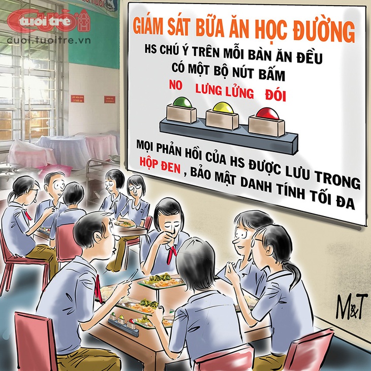 Giám sát suất ăn bán trú bằng... nút bấm - Tranh: Đỗ Minh Tuấn 