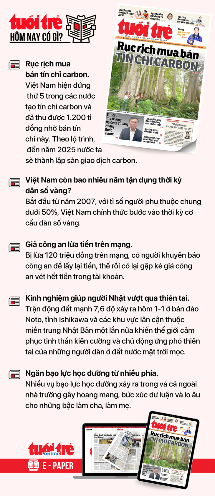 Tin tức chính trên Tuổi Trẻ nhật báo hôm nay 5-1. Để đọc Tuổi Trẻ báo in phiên bản E-paper, mời bạn đăng ký Tuổi Trẻ Sao TẠI ĐÂY