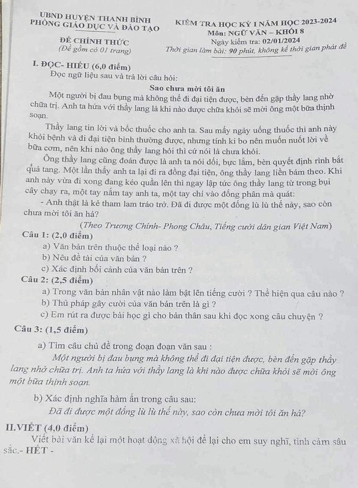 Đề kiểm tra môn ngữ văn khối 8 do Phòng Giáo dục và Đào tạo huyện Thanh Bình cho học sinh thi học kỳ 1 ngày 2-1 có từ ngữ phản cảm - Ảnh: Bạn đọc cung cấp