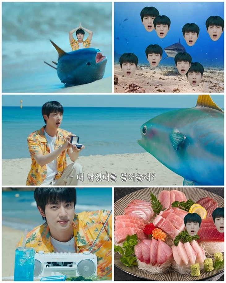Jin (BTS) đỏ mặt kể về nụ hôn với cá ngừ trong MV 'Super Tuna' - Ảnh 1.