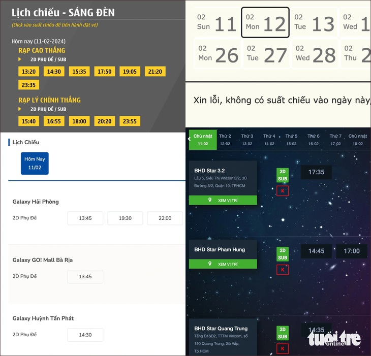 Một số hệ thống rạp chỉ còn hiển thị suất chiếu phim Sáng đèn vào ngày 11-2 - Ảnh: Chụp màn hình