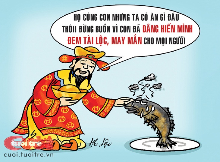 Thần Tài an ủi họ hàng nhà cá lóc - Tranh: Hữu Lộc