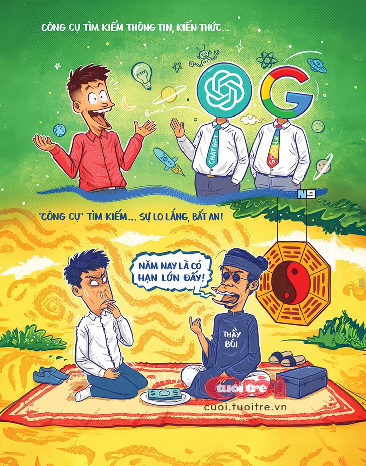 Công cụ tìm kiếm: Google đối đầu thầy bói - Tranh: Hải Nam