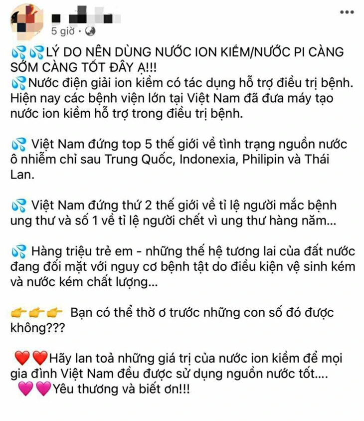 Trên các trang mạng xã hội quảng cáo nước ion kiềm như thần dược