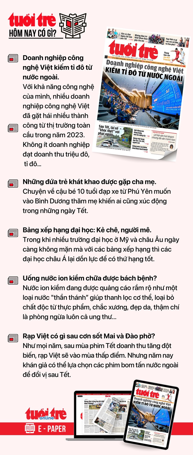 Tin tức đáng chú ý trên Tuổi Trẻ nhật báo ngày 21-2. Để đọc Tuổi Trẻ báo in phiên bản E-paper, mời bạn đăng ký Tuổi Trẻ Sao TẠI ĐÂY